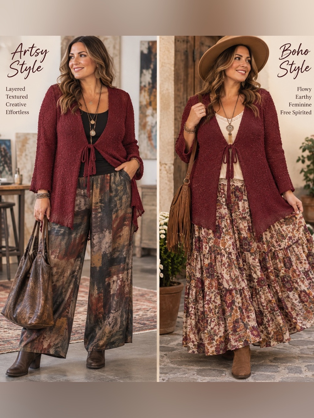 Wine Burgundy Textured Tie Front Cardigan Artsy Boho Open Knit -Women’s Large